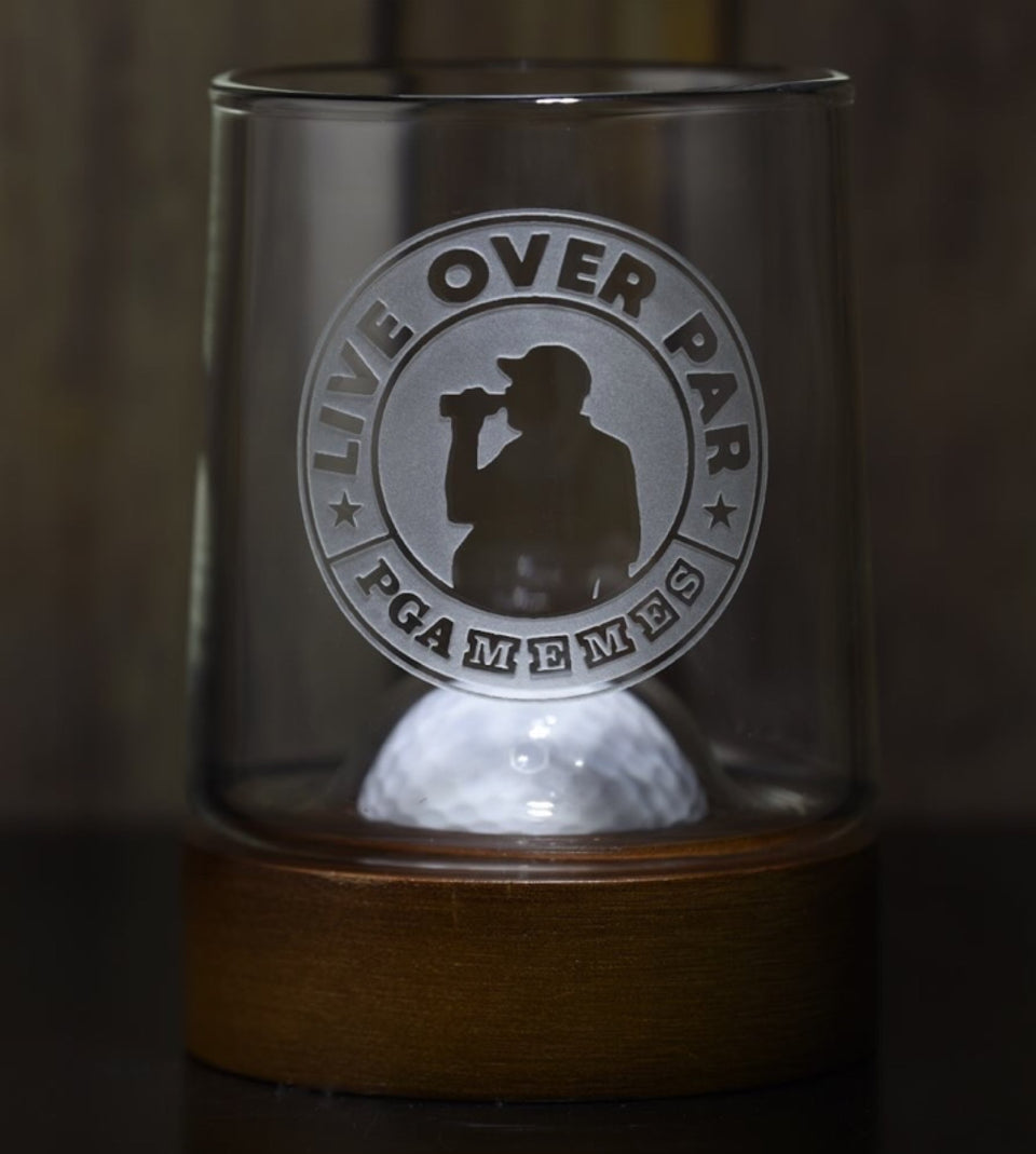 Golf Ball Whiskey Glasses w/ Real Golf Ball in Coaster (Set of 2)