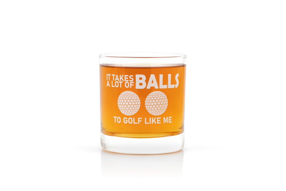 IT TAKES A LOT OF BALLS TO GOLF LIKE ME - Golf Whiskey Glasses (Set of 2), Unique and Funny Golf Gifts for Men and Women, Fun Golf Accessories for Men, Dishwasher Safe, Made in the USA christmas coffee chocolate basket gun mug mugs gadgets flask bar decor decanter cup stuff ball bourbon tequila beer cigar dad skull personalized drinks low bottle cool bulk bullet ice cube cocktail vodka best sets scotch whisky drink dispenser
