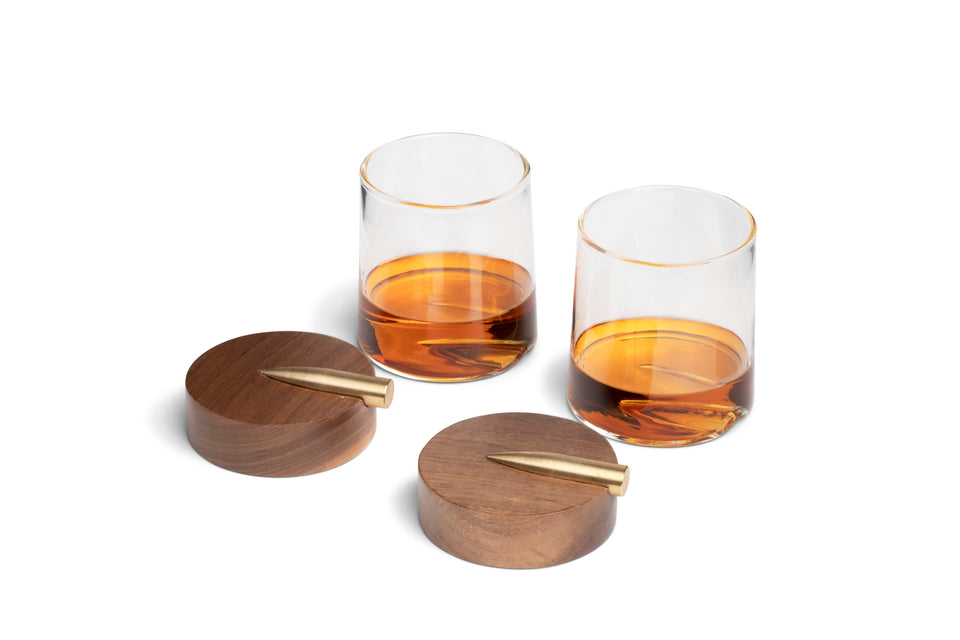 REPLICA PROJECTILE WHISKEY GLASSES & COASTERS - Set of 2 Glasses, 2 Wooden Coasters w/ Copper Replica Projectile, Unique Bar Gifts for Men & Women that Have Everything bartesian wine walker crown champagne tool mens decanter cap blue beer cigar cigars balls rocks bottle gay hunt custom tequila crate rock shotgun pistol bourbon liquor capsules ar college small sets stone royal whisky friend para barware captain