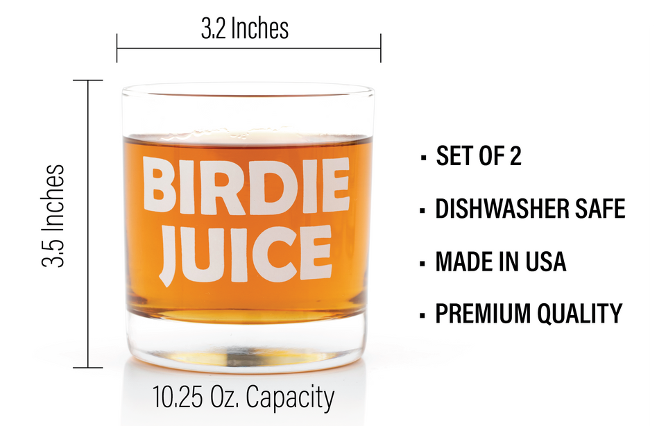 "BIRDIE JUICE" GOLF WHISKEY GLASSES - Set of 2 - Bright White Dishwasher Safe Print - Funny Golf Gifts for Men, Women, Dad, Mom, Husband, Wife, Him, Her, Father coffee chocolate stocking pink basket gun accessories mug mugs gadgets bracelet bag flask bar decor decanter mens down cup stuff ball balls fun bourbon tequila beer cigar womens she skull personalized drinks low ski coin bottle cool bulk bullet icers Day, and Christmas