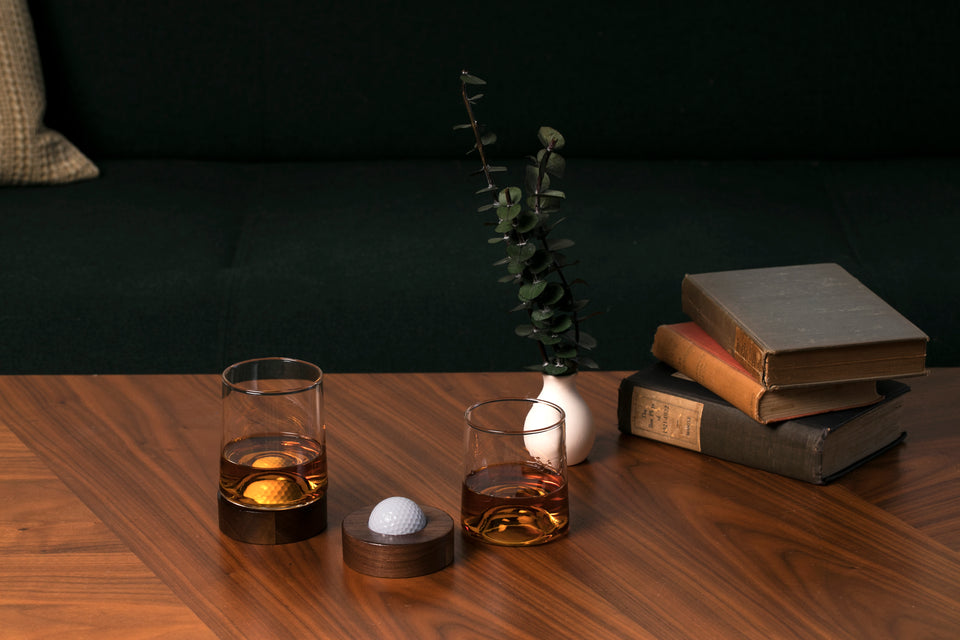 Golf Ball Whiskey Glasses w/ Real Golf Ball in Coaster (Set of 2) | Patent Pending | Unique & funny gift for men and women golfer | A Great holiday, birthday, office, & wedding gift for any occasion - Gemsho Glass