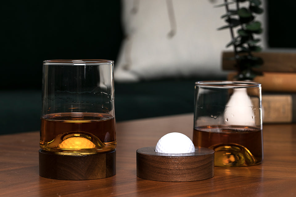 Golf Ball Whiskey Glasses w/ Real Golf Ball in Coaster (Set of 2) - Patent  pending