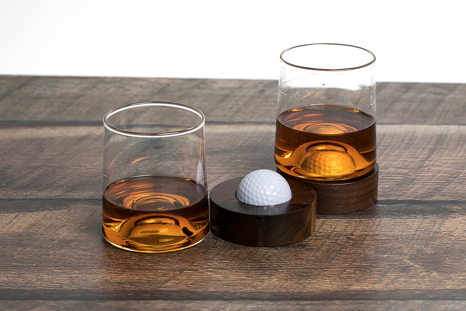 Golf Ball Whiskey Glasses w/ Real Golf Ball in Coaster (Set of 2) | Patent Pending | Unique & funny gift for men and women golfer | A Great holiday, birthday, office, & wedding gift for any occasion wiskey personalised jack plastic rum deals daniels rolling tray wine mugs pint raw decanter daddy mother bottle cream martini old large gentleman wraps label champagne mens art happy port comfort boxing etching baileys blow mans flask mixers shot irish fireball kitchen adults dry holder