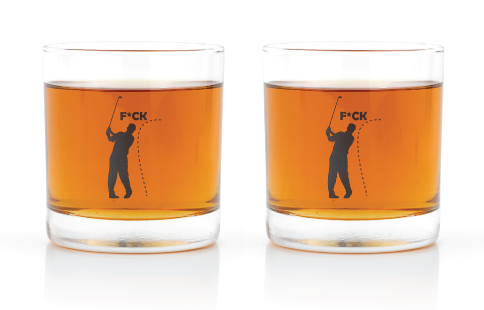 Golf Ball Whiskey Glasses w/ Real Golf Ball in Coaster (Set of 2) - Patent  pending